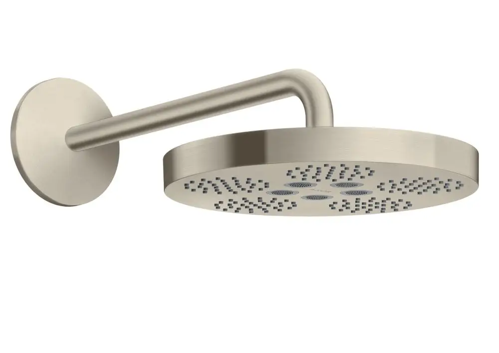 Kopfbrause mit ansprechendem Design in gebürstetem Nickel, montiert an einem langen Brausearm, hergestellt von AXOR.